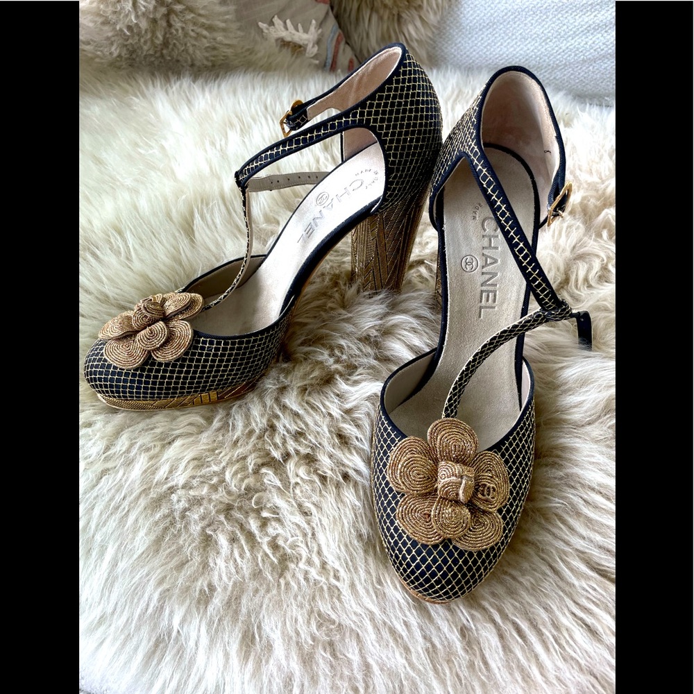 Chanel black flower embellished heels